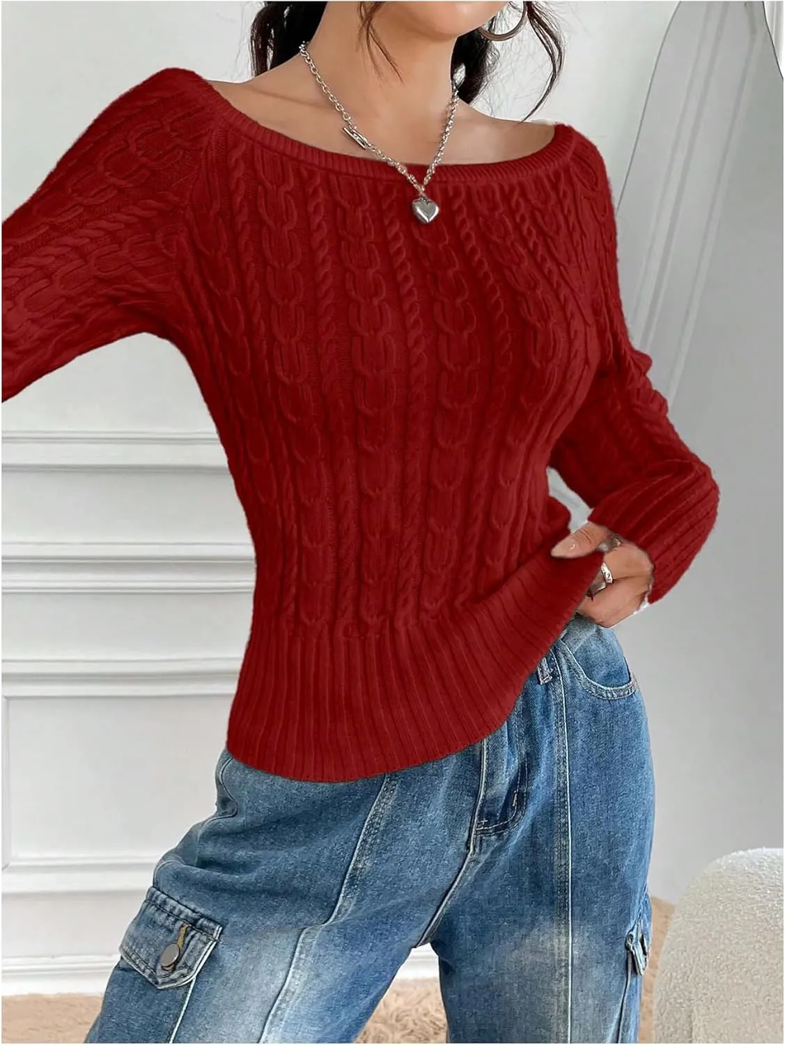 MakeMeChic Women's Off The Shoulder Sweater Cable Knit Long Sleeve Ribbed Fall Going Out Tops Sweater Pullover