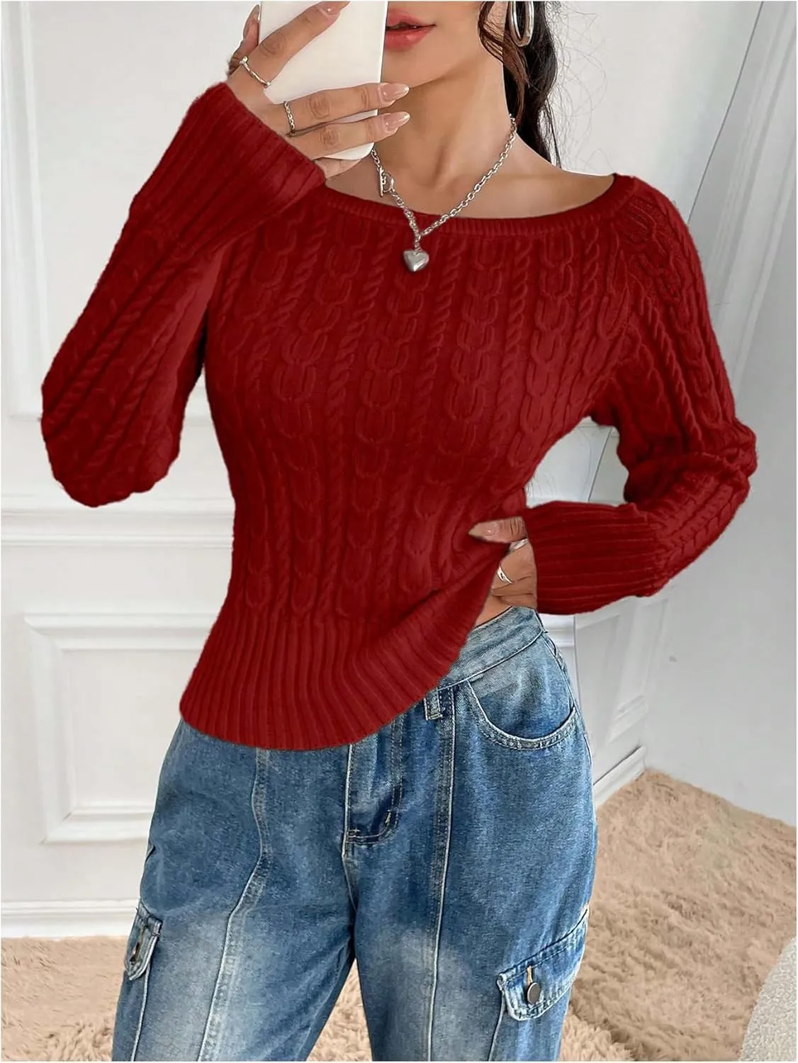 MakeMeChic Women's Off The Shoulder Sweater Cable Knit Long Sleeve Ribbed Fall Going Out Tops Sweater Pullover