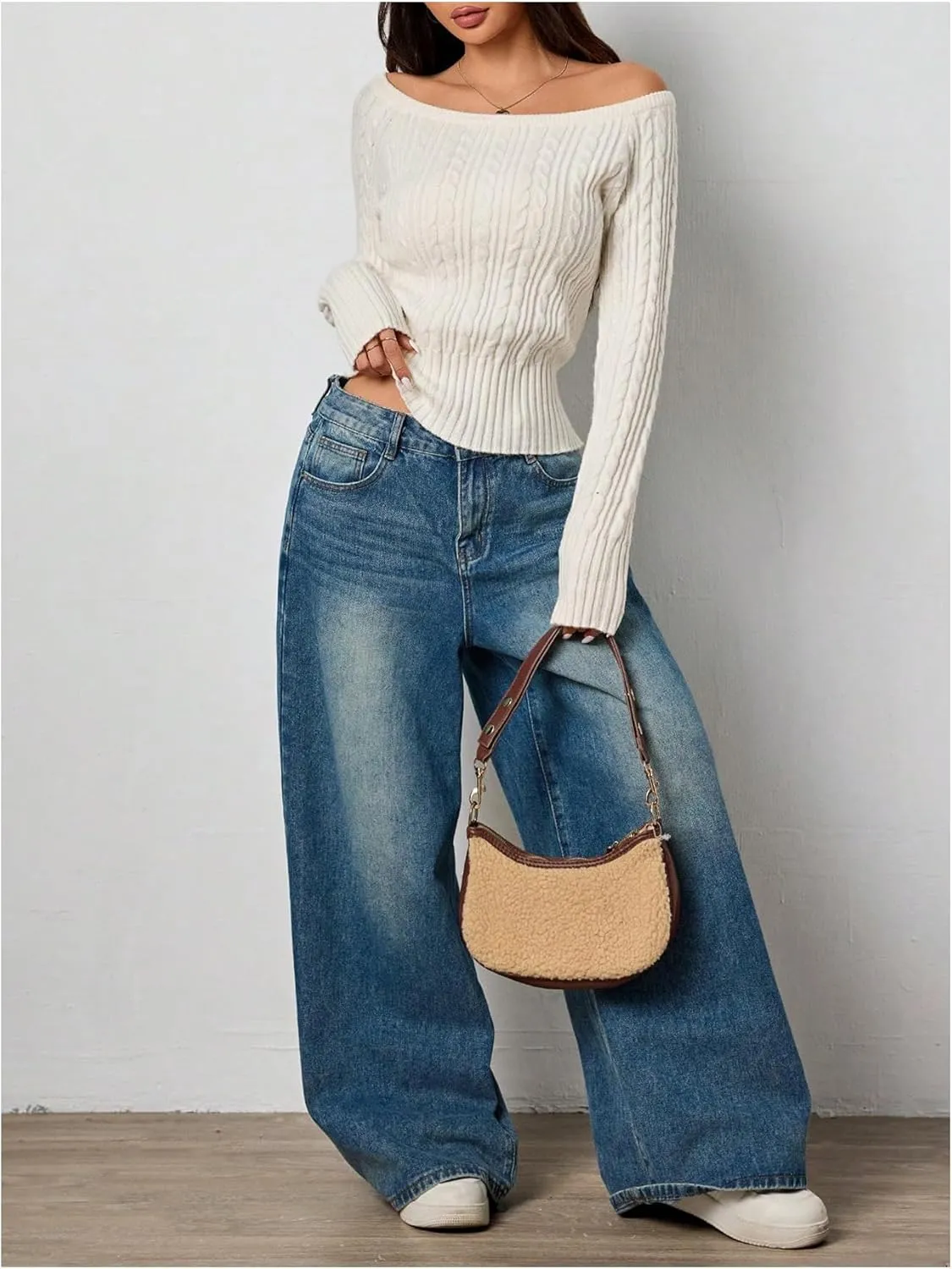MakeMeChic Women's Off The Shoulder Sweater Cable Knit Long Sleeve Ribbed Fall Going Out Tops Sweater Pullover