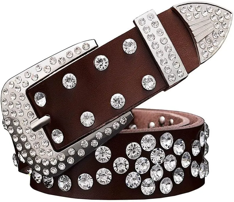 Men Women Rhinestone Belt Western Cowboy Cowgirl Leather Belts Unisex Cow Skin Waist Strap Belt