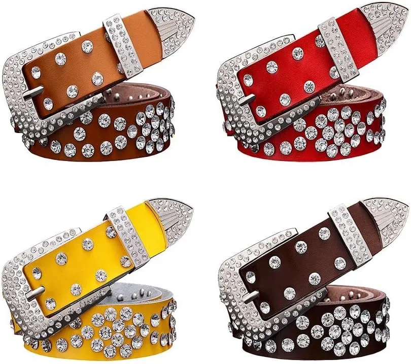 Men Women Rhinestone Belt Western Cowboy Cowgirl Leather Belts Unisex Cow Skin Waist Strap Belt