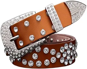 Men Women Rhinestone Belt Western Cowboy Cowgirl Leather Belts Unisex Cow Skin Waist Strap Belt