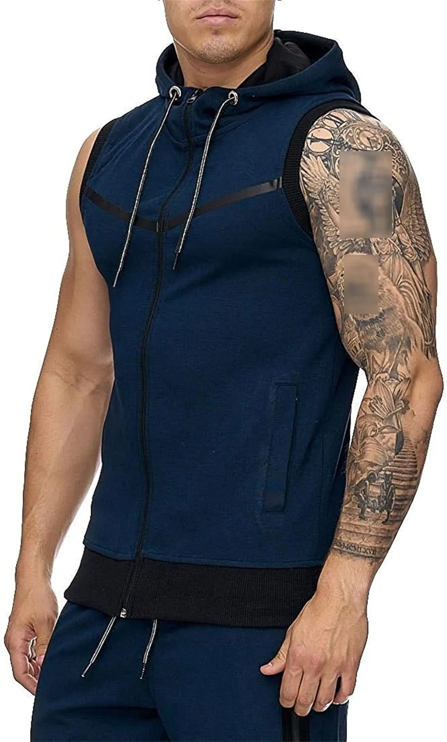 Men Zip Up Workout Tank Tops Bodybuilding Fitness Sleeveless Hooded Vests Lightweight Slim Drawstring Gym Hoodies