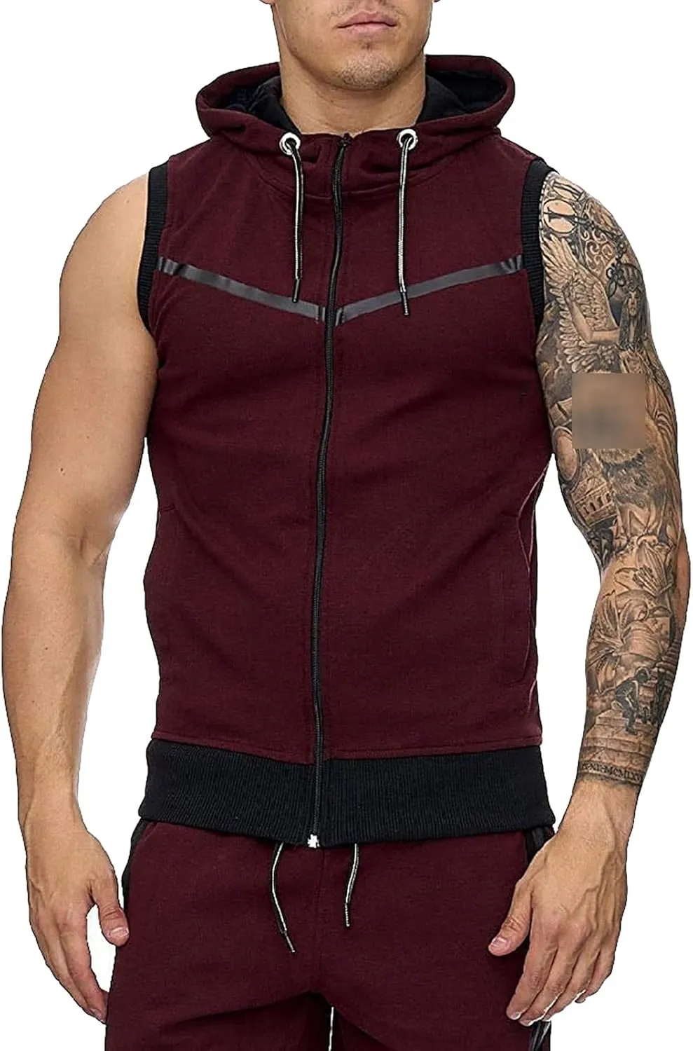 Men Zip Up Workout Tank Tops Bodybuilding Fitness Sleeveless Hooded Vests Lightweight Slim Drawstring Gym Hoodies