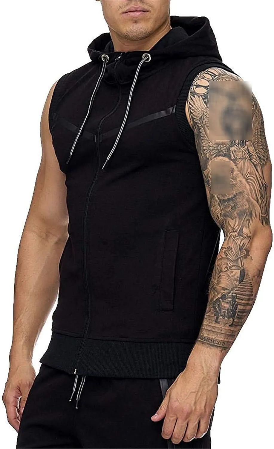 Men Zip Up Workout Tank Tops Bodybuilding Fitness Sleeveless Hooded Vests Lightweight Slim Drawstring Gym Hoodies