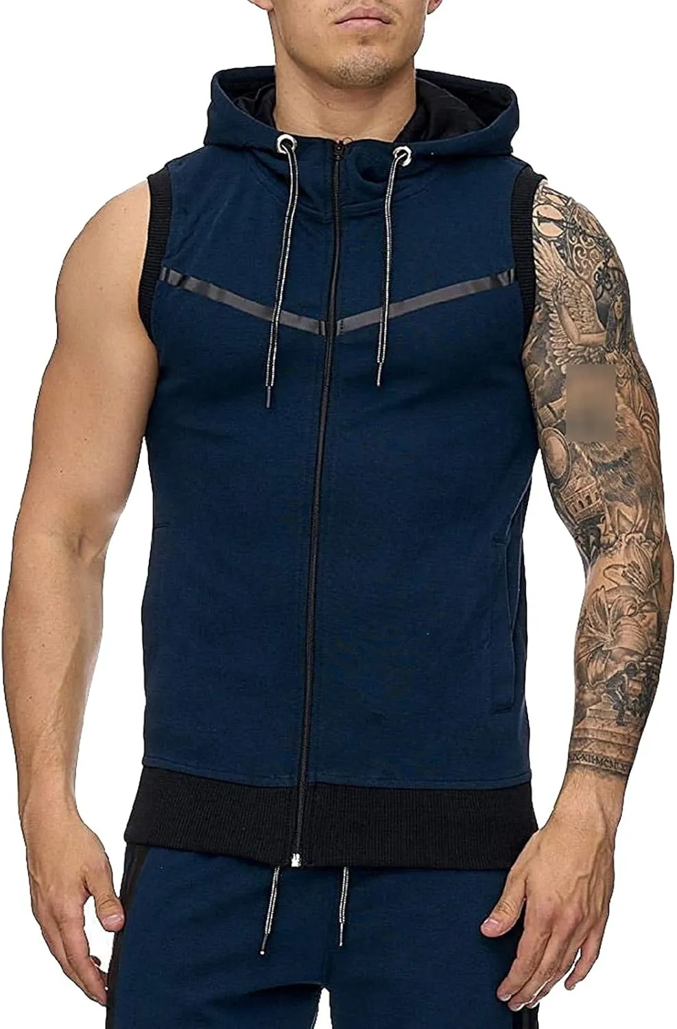 Men Zip Up Workout Tank Tops Bodybuilding Fitness Sleeveless Hooded Vests Lightweight Slim Drawstring Gym Hoodies