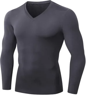 Men's Athletic Compression Shirt - V Neck Long Sleeve Workout Running Base Layer Tops Cool Dry T-Shirt Gym Undershirts