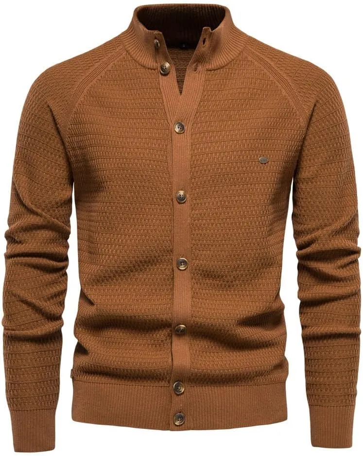 Mens Cardigan Sweater Casual Long Sleeve Mock Neck Button Down Knitted Cardigan Sweaters Jacket with Pockets