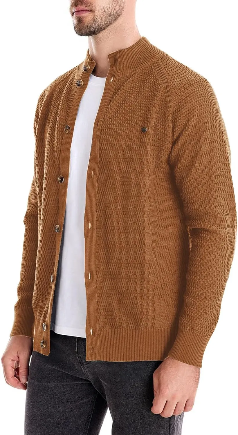 Mens Cardigan Sweater Casual Long Sleeve Mock Neck Button Down Knitted Cardigan Sweaters Jacket with Pockets