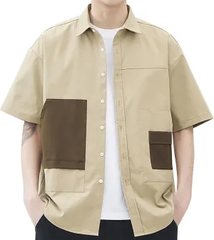 Mens Casual Button Down Shirts Oversized Short Sleeve Casual Shacket Jacket with Pockets Color Block Patchwork Summer Jacket