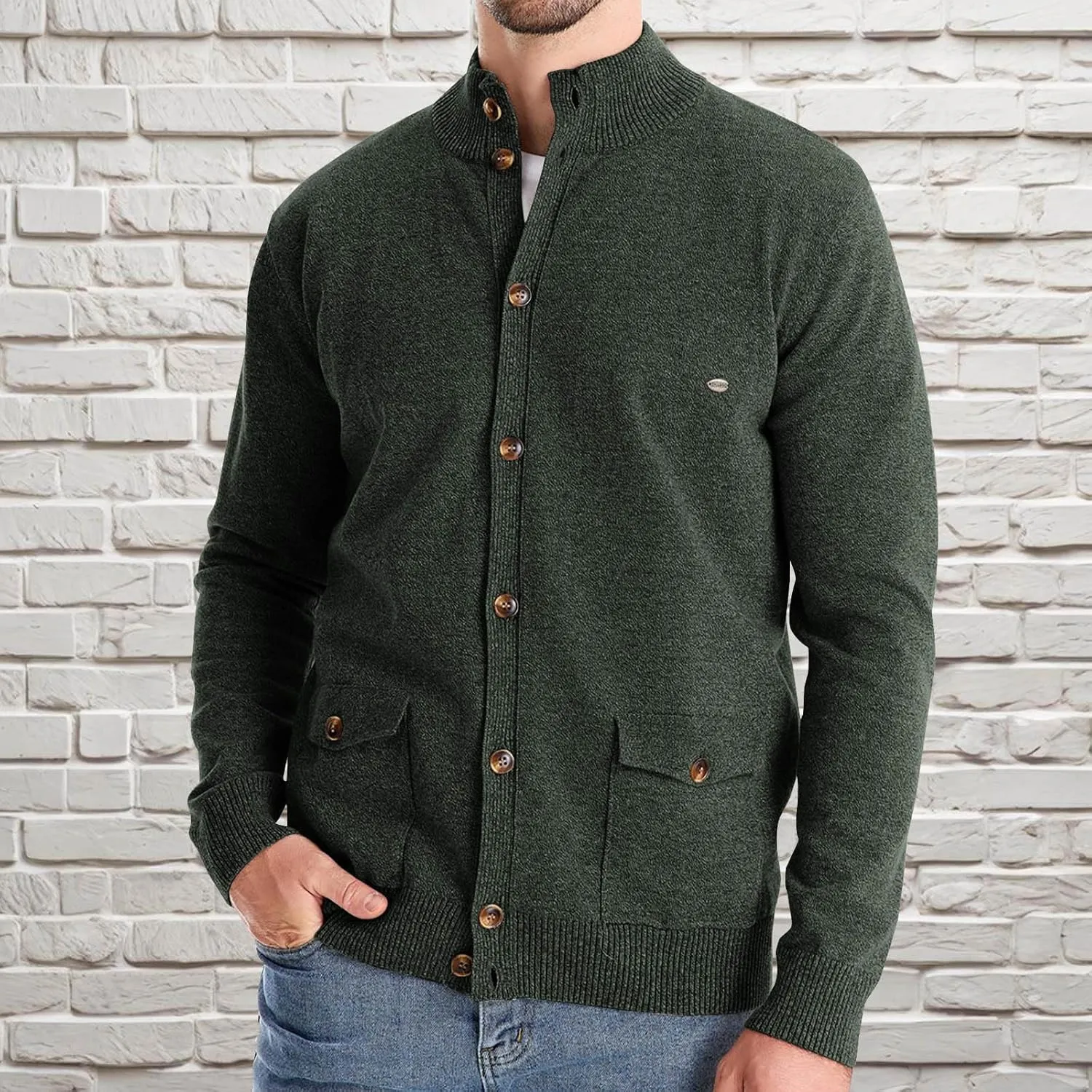 Mens Casual Cardigan Sweater Long Sleeve Mock Neck Button Down Knit Cardigan Sweaters Jacket with Pockets