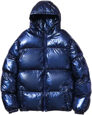Men's Casual Hooded Full Zip Metallic Shiny Short Bomber Alternative Down Coat Lightweight Warm Windproof Puffer Jacket