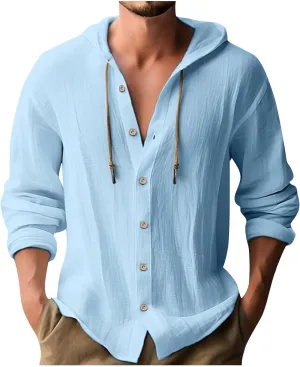 Mens Cotton Linen Hoodie,Long Sleeve Lightweight Breathable Hooded Button Down Shirt Spring Fall Casual Top