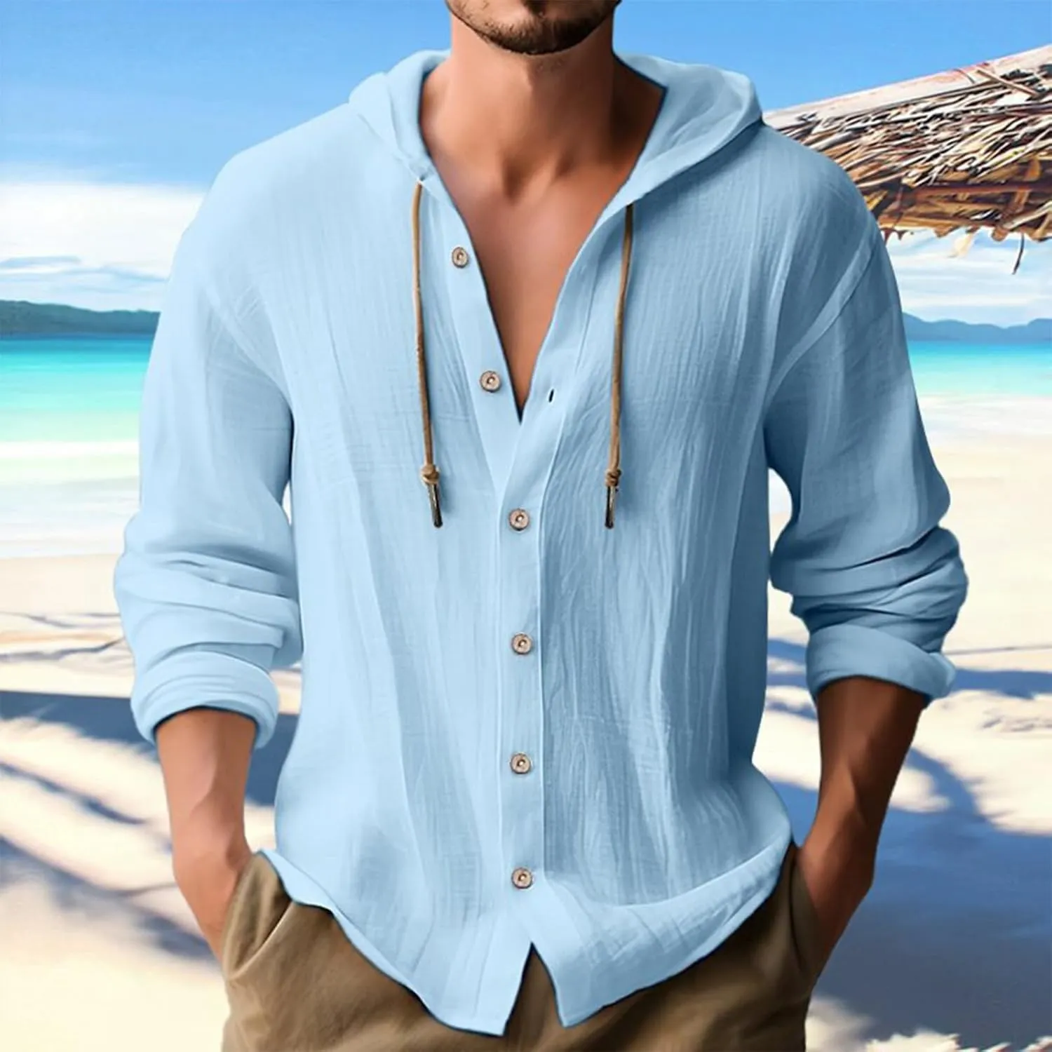 Mens Cotton Linen Hoodie,Long Sleeve Lightweight Breathable Hooded Button Down Shirt Spring Fall Casual Top
