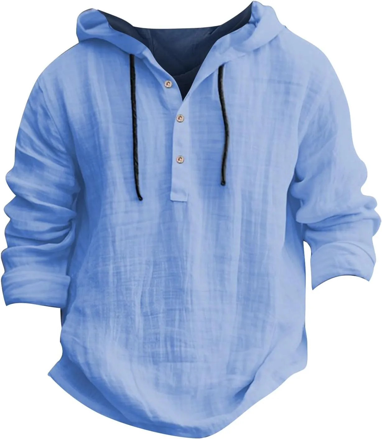 Mens Cotton Linen Hoodie,Long Sleeve Lightweight Breathable Hooded Button Down Shirt Spring Fall Casual Top