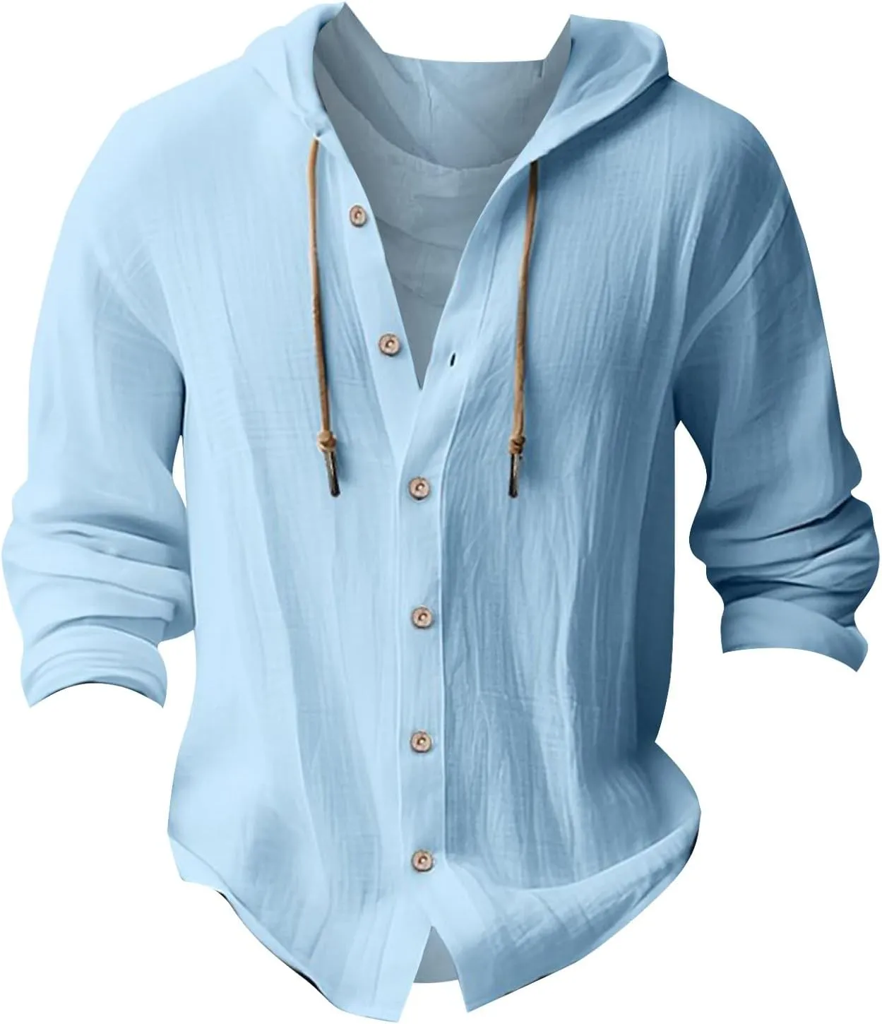Mens Cotton Linen Hoodie,Long Sleeve Lightweight Breathable Hooded Button Down Shirt Spring Fall Casual Top