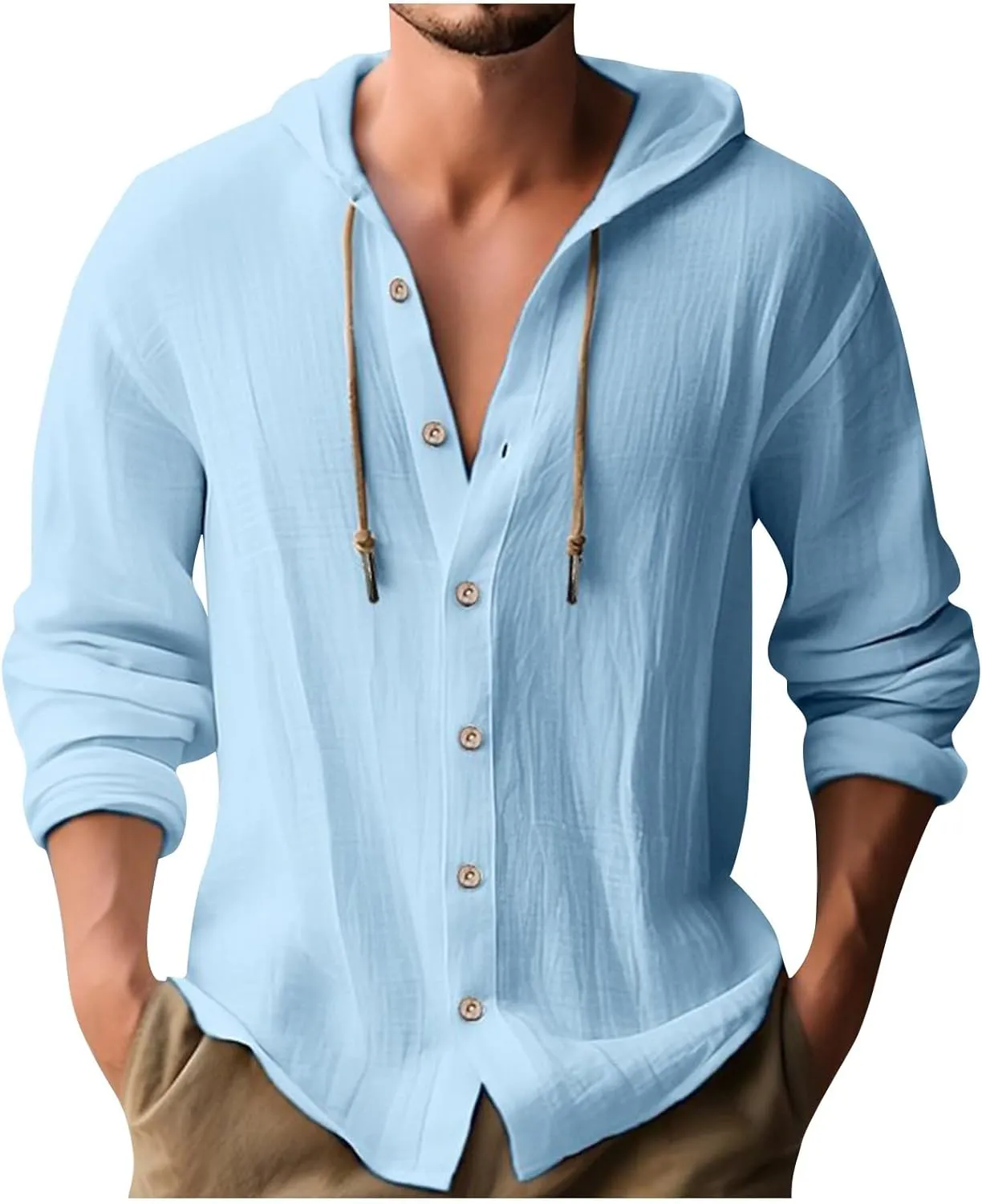 Mens Cotton Linen Hoodie,Long Sleeve Lightweight Breathable Hooded Button Down Shirt Spring Fall Casual Top