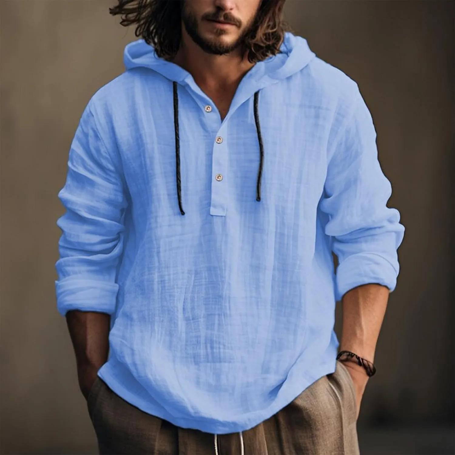 Mens Cotton Linen Hoodie,Long Sleeve Lightweight Breathable Hooded Button Down Shirt Spring Fall Casual Top