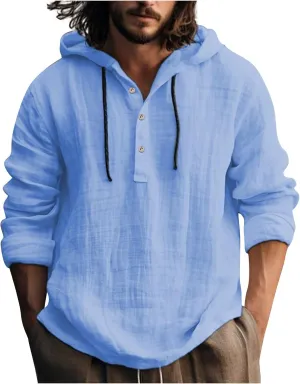 Mens Cotton Linen Hoodie,Long Sleeve Lightweight Breathable Hooded Button Down Shirt Spring Fall Casual Top
