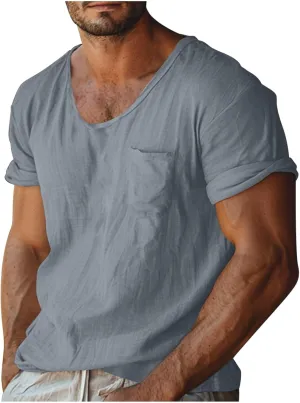 Men's Cotton Linen T Shirt Short Sleeve Crew Neck Tops Casual Summer Lightweight Loose Classic Basic Tee Shirts