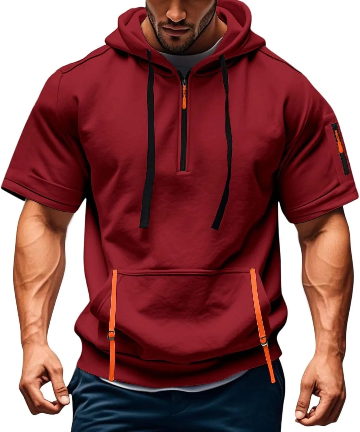 Mens Gym T Shirts Short Sleeve Henley Collar Shirt Casual Tactical Military Sweatshirt Multipockets Cargo Sports T Shirt Summer Zipper Hooded Jacket Red