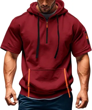 Mens Gym T Shirts Short Sleeve Henley Collar Shirt Casual Tactical Military Sweatshirt Multipockets Cargo Sports T Shirt Summer Zipper Hooded Jacket Red