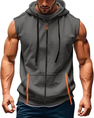 Mens Gym Top Streetwear Full Zip Hoodies Fashion Casual Muscle Fit Hooded Jacket for Basketball Workout Outdoor Cargo Vest Sweatshirt with Kangaroos Pockets