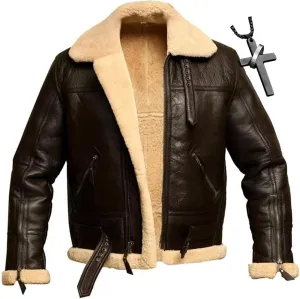 Men's Lamb Wool Bomber Coat Faux Leather Sherpa Fleece Lined Jackets Dermis Suede Warm Winter Biker Coat＋(Necklaces)