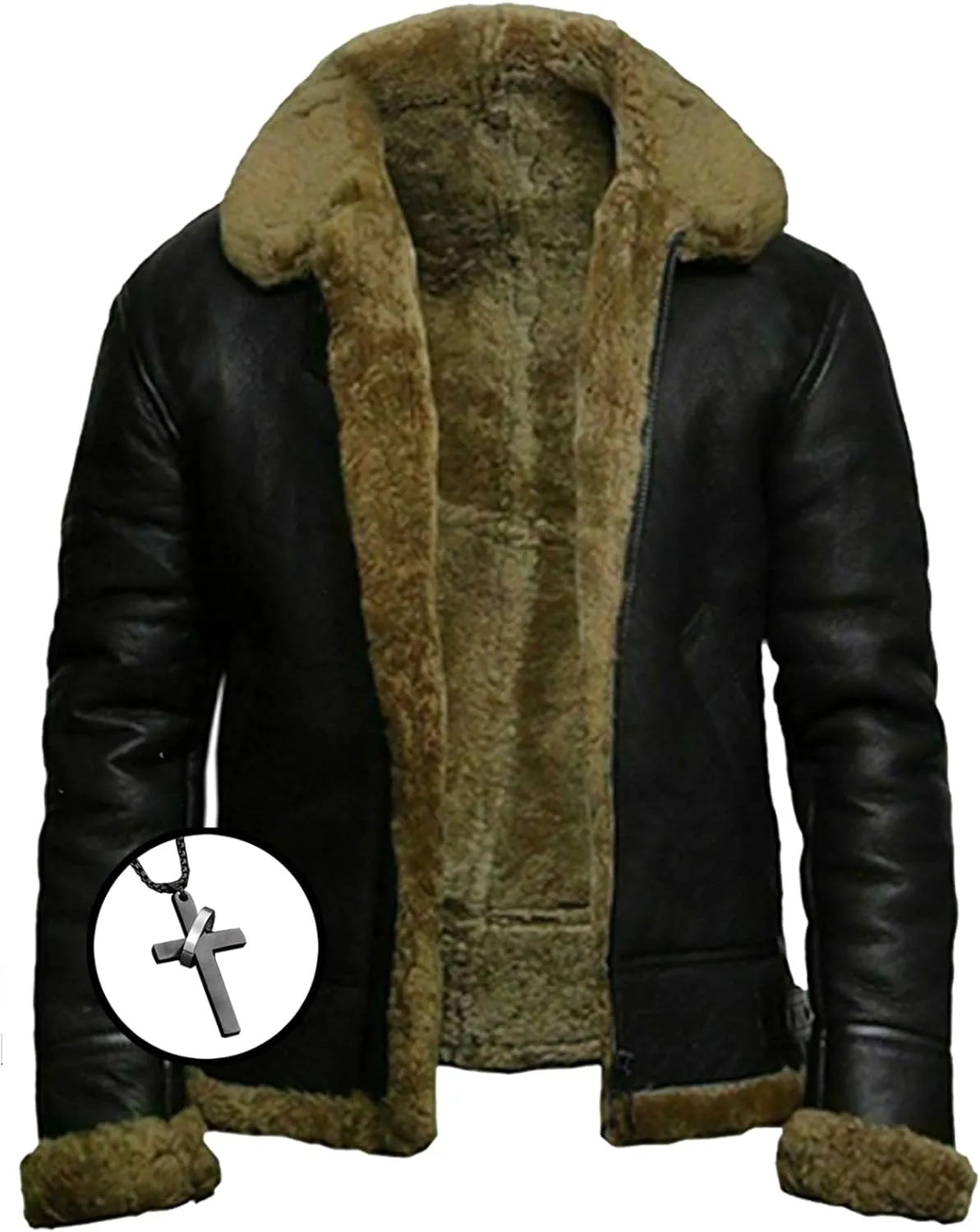 Men's Lamb Wool Bomber Coat Leather Sherpa Fleece Lined Jackets Heavyweight Suede Warm Winter Biker Coat Necklaces