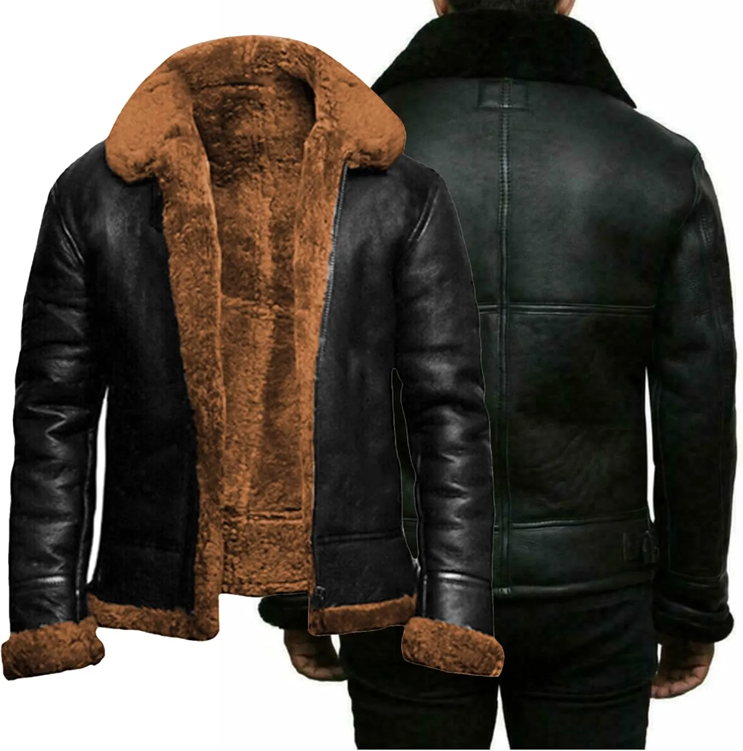 Men's Lamb Wool Bomber Coat Leather Sherpa Fleece Lined Jackets Heavyweight Suede Warm Winter Biker Coat Necklaces