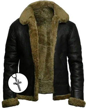 Men's Lamb Wool Bomber Coat Leather Sherpa Fleece Lined Jackets Heavyweight Suede Warm Winter Biker Coat Necklaces