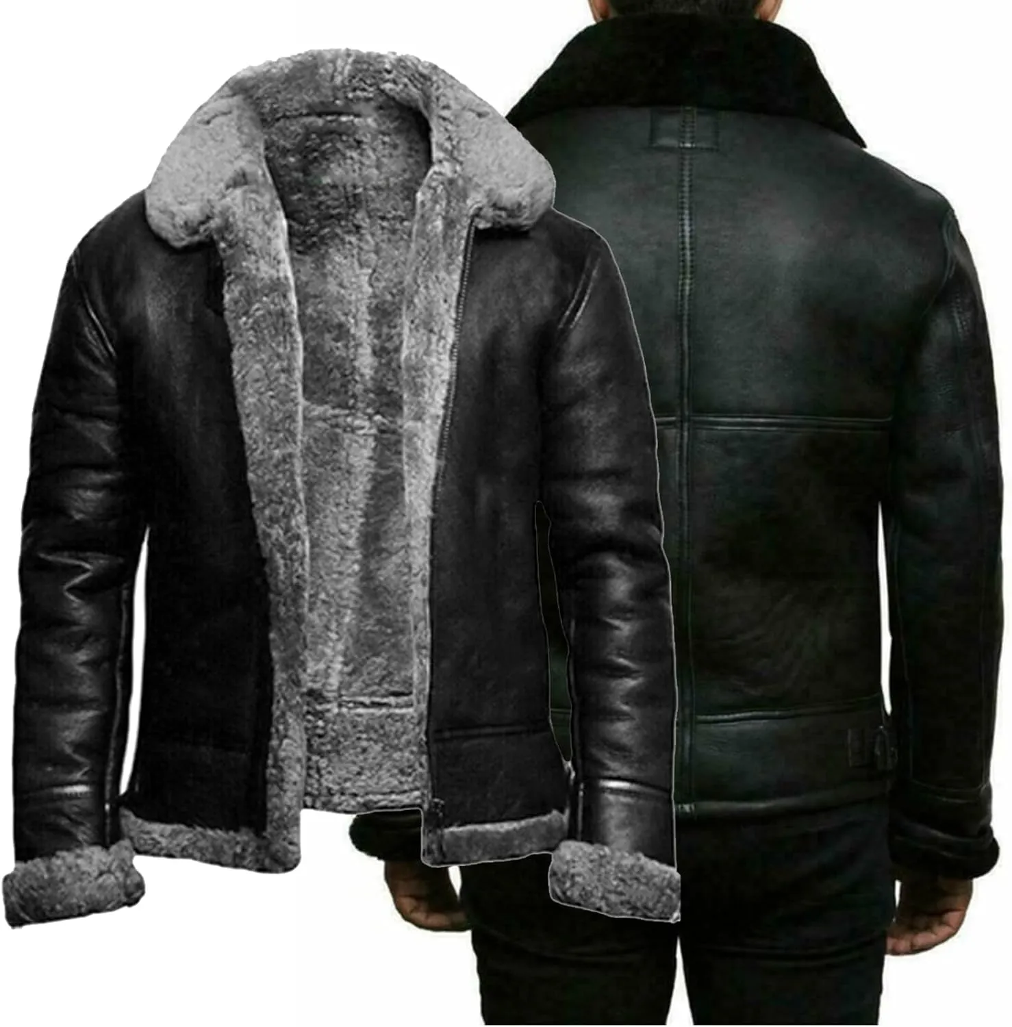 Men's Lamb Wool Bomber Coat Leather Sherpa Fleece Lined Jackets Heavyweight Suede Warm Winter Biker Coat Necklaces
