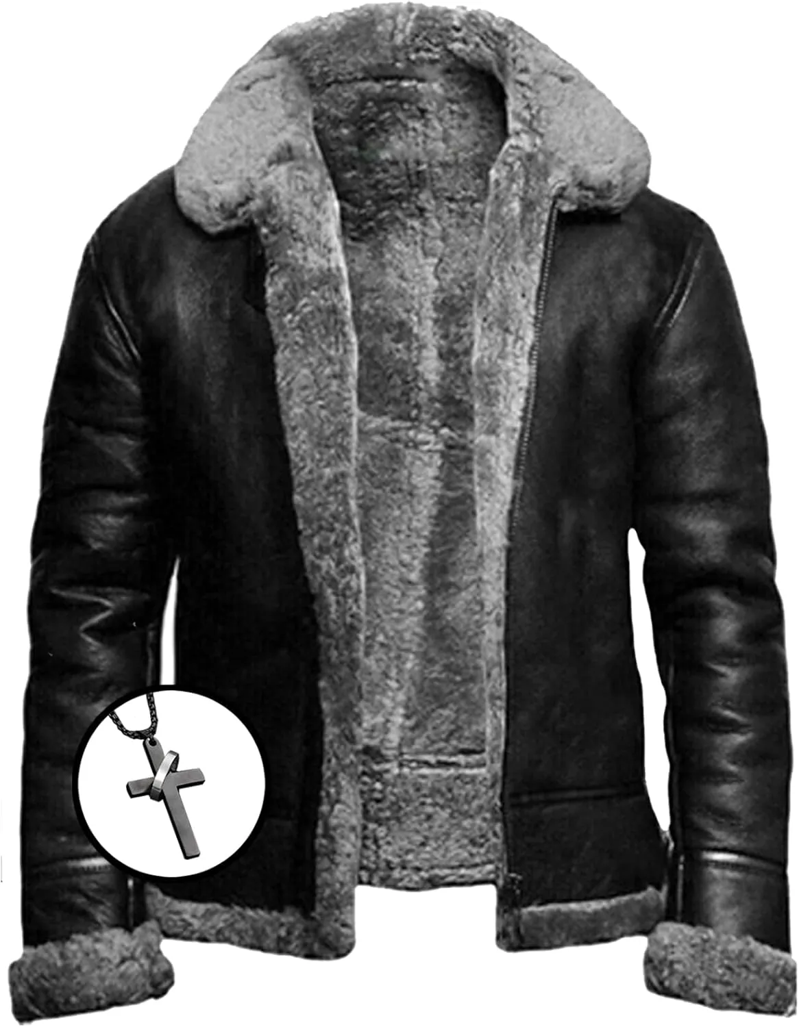 Men's Lamb Wool Bomber Coat Leather Sherpa Fleece Lined Jackets Heavyweight Suede Warm Winter Biker Coat Necklaces