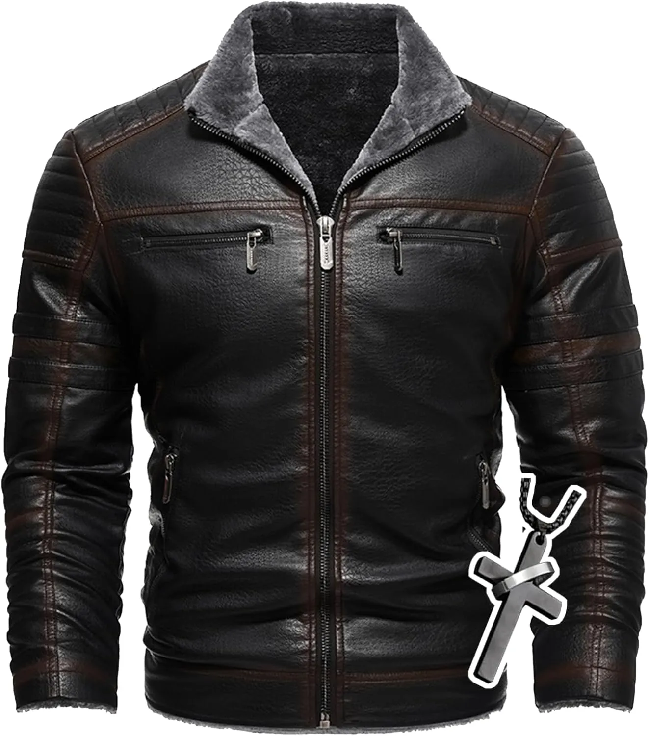 Men's Lamb Wool Bomber Coat Leather Sherpa Fleece Lined Jackets Heavyweight Suede Warm Winter Biker Coat＋Necklaces