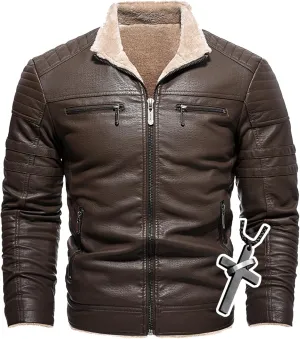 Men's Lamb Wool Bomber Coat Leather Sherpa Fleece Lined Jackets Heavyweight Suede Warm Winter Biker Coat＋Necklaces
