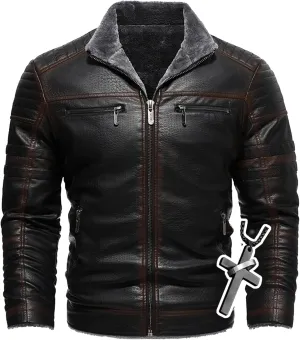 Men's Lamb Wool Bomber Coat Leather Sherpa Fleece Lined Jackets Heavyweight Suede Warm Winter Biker Coat＋Necklaces