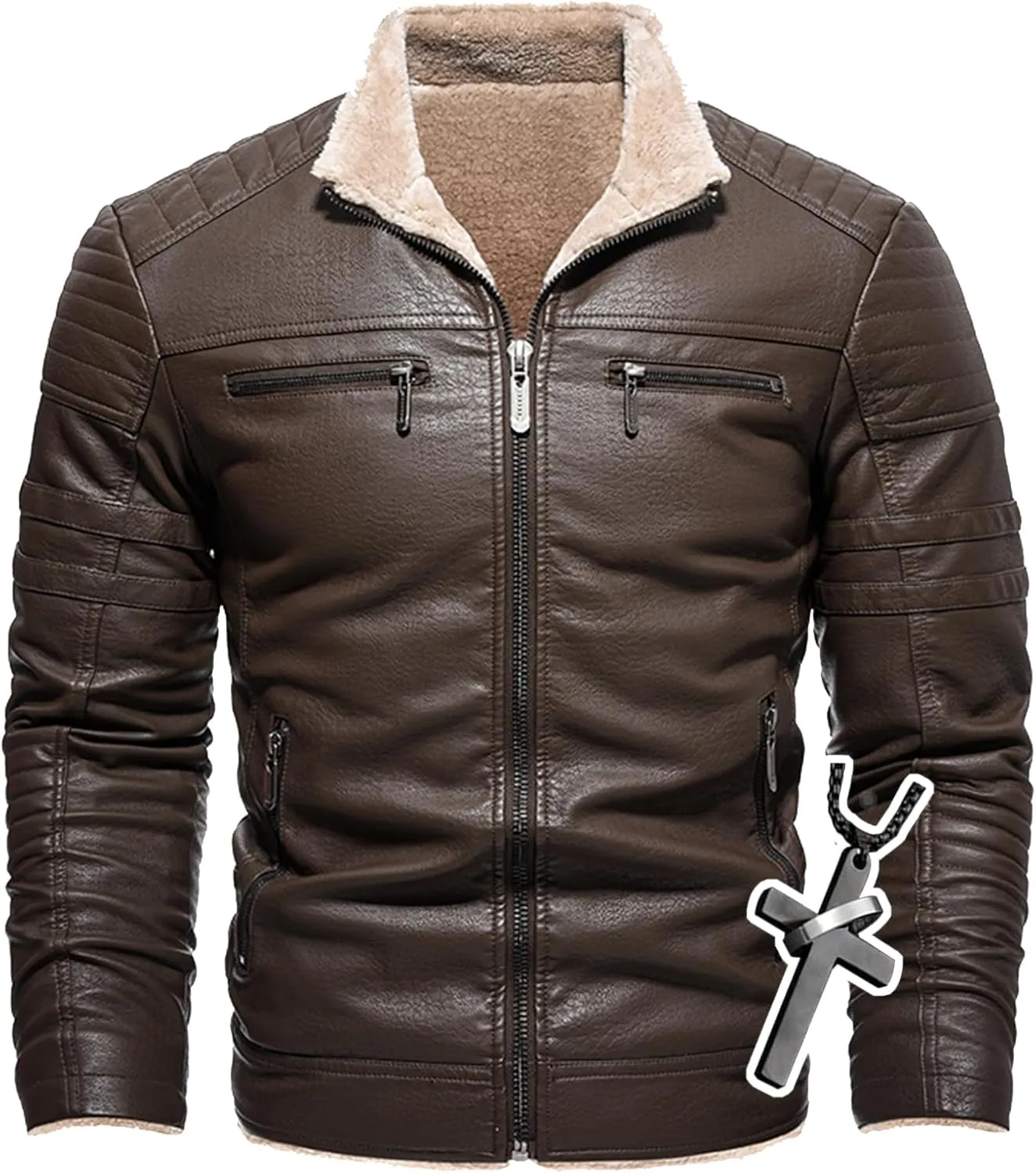 Men's Lamb Wool Bomber Coat Leather Sherpa Fleece Lined Jackets Heavyweight Suede Warm Winter Biker Coat＋Necklaces