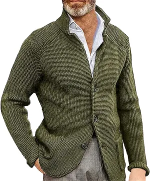Mens Ribbed Knitted Slim Fit Cardigan Sweater Casual Long Sleeve Button Down Sweaters Stand Collar Basic Cardigans