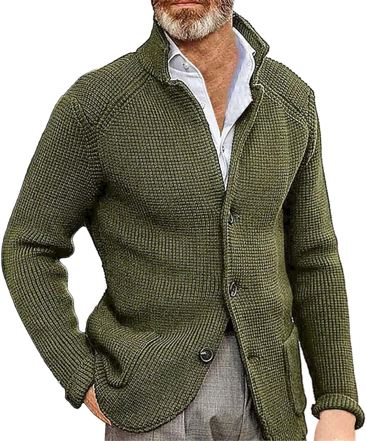 Mens Ribbed Knitted Slim Fit Cardigan Sweater Casual Long Sleeve Button Down Sweaters Stand Collar Basic Cardigans