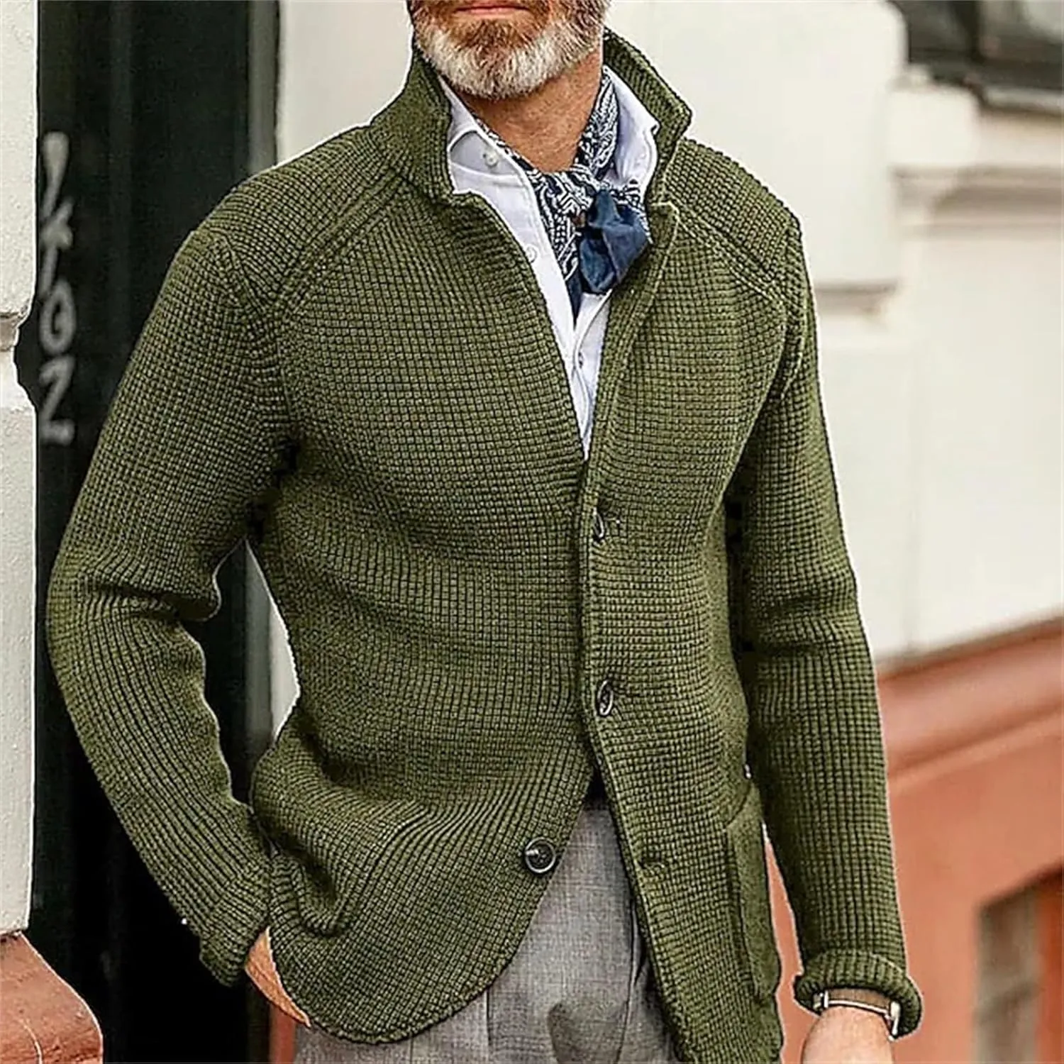 Mens Ribbed Knitted Slim Fit Cardigan Sweater Casual Long Sleeve Button Down Sweaters Stand Collar Basic Cardigans