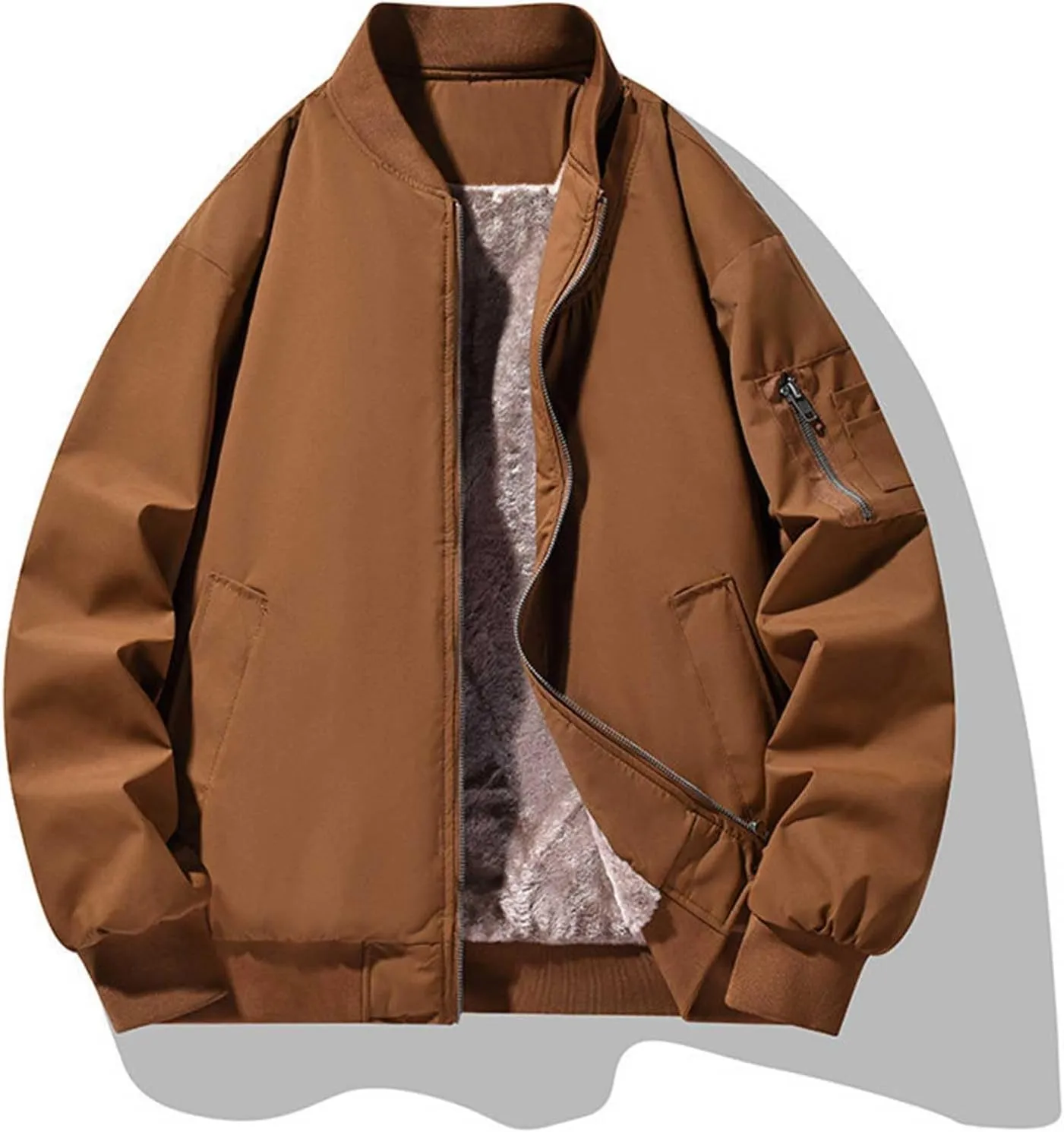 Mens Sherpa Fleece Lined Jacket Thick Winter Warm Coat Fashion Stand Collar Full Zip Bomber Jacket with Pockets