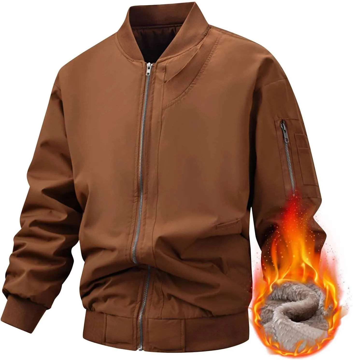 Mens Sherpa Fleece Lined Jacket Thick Winter Warm Coat Fashion Stand Collar Full Zip Bomber Jacket with Pockets