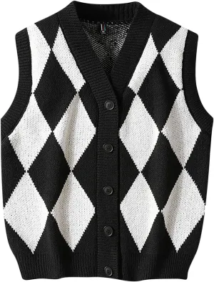 Mens Sleeveless Argyle Sweater Vest V-Neck Casual Knit Button Down Cardigan Vest Lightweight Slim Fit Vest