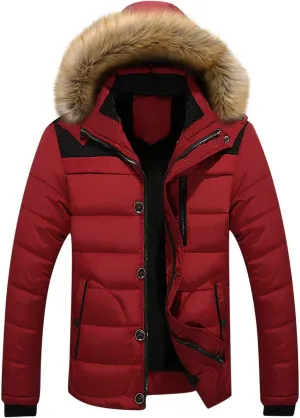 Men's Winter Puffer Jacket Quilted Thickened Down Coat Insulated and Water-Resistant Solid Parka with Removable Hood