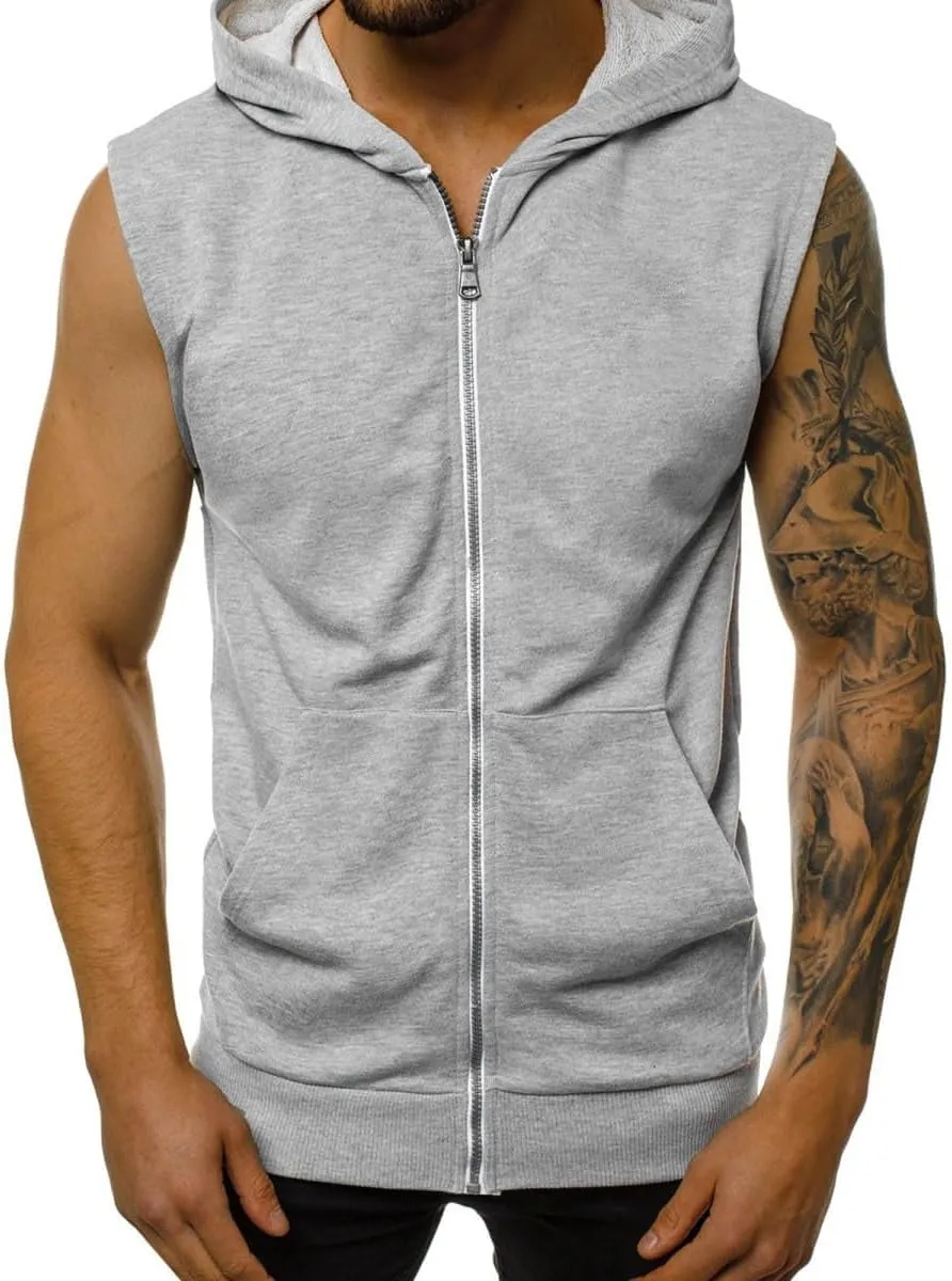Mens Workout Hooded Tank Tops Zip Up Sleeveless Gym Shirts Slim T Shirt Bodybuilding Hoodies
