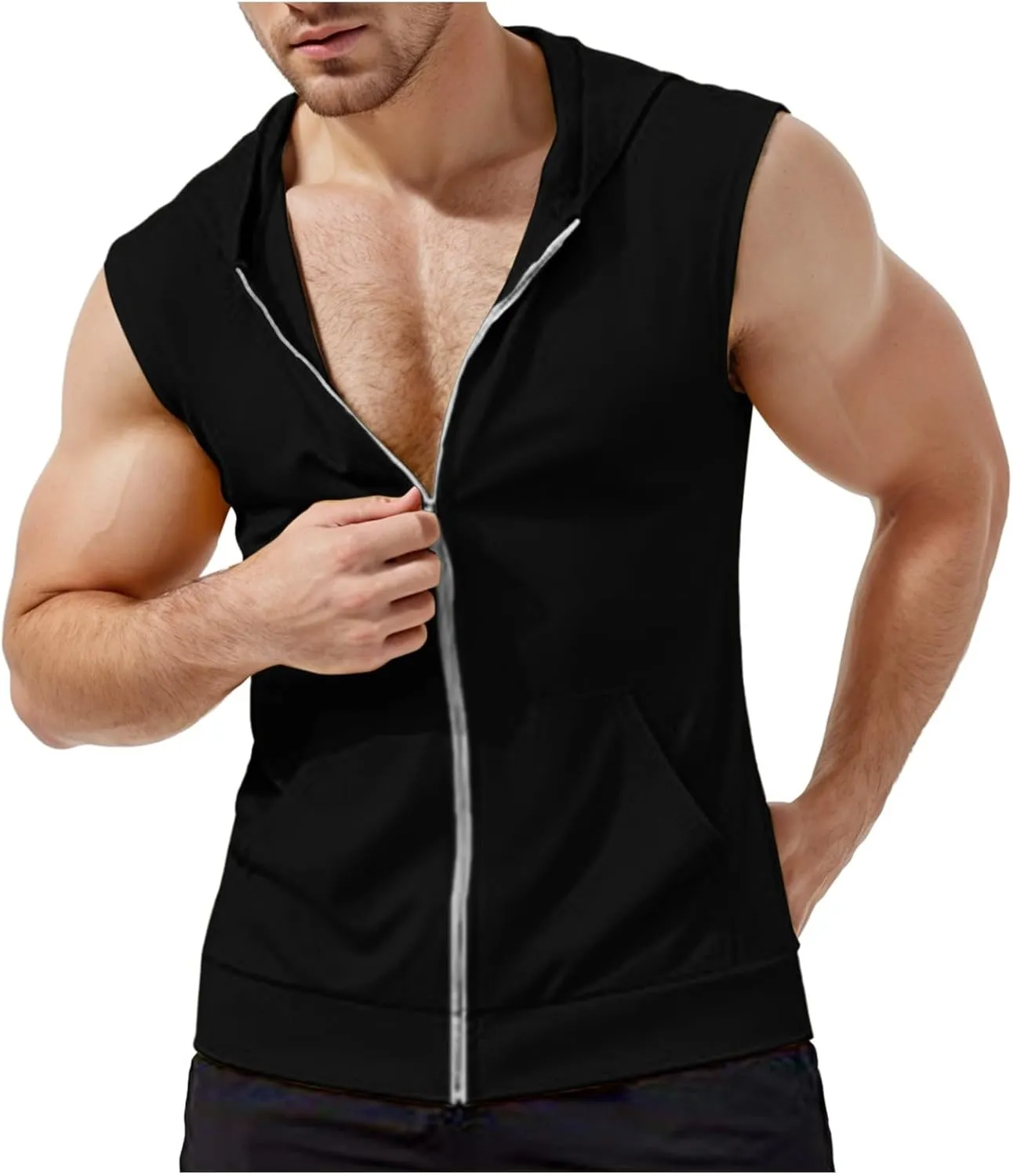 Mens Workout Hooded Tank Tops Zip Up Sleeveless Gym Shirts Slim T Shirt Bodybuilding Hoodies