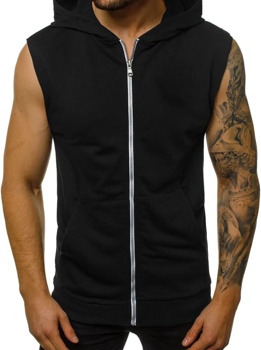 Mens Workout Hooded Tank Tops Zip Up Sleeveless Gym Shirts Slim T Shirt Bodybuilding Hoodies