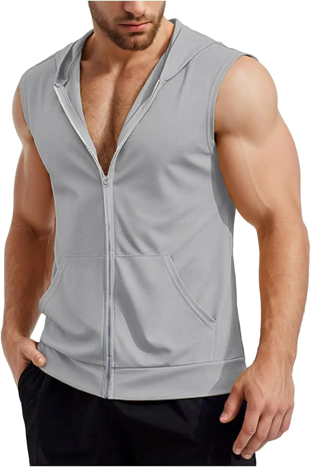 Mens Workout Hooded Tank Tops Zip Up Sleeveless Gym Shirts Slim T Shirt Bodybuilding Hoodies