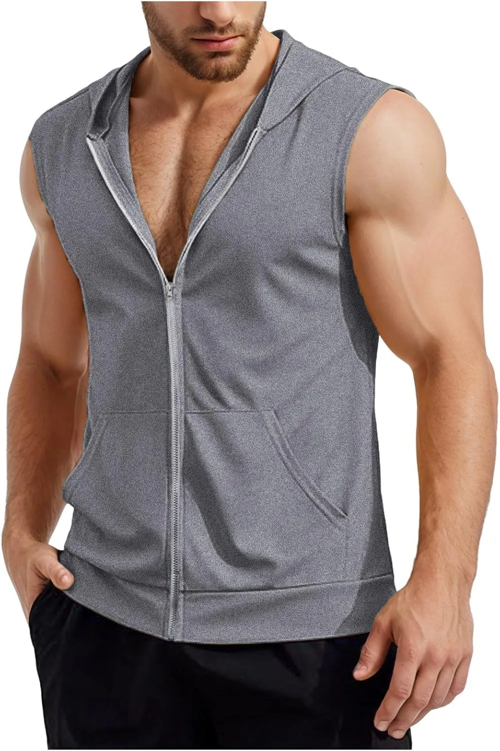 Mens Workout Hooded Tank Tops Zip Up Sleeveless Gym Shirts Slim T Shirt Bodybuilding Hoodies