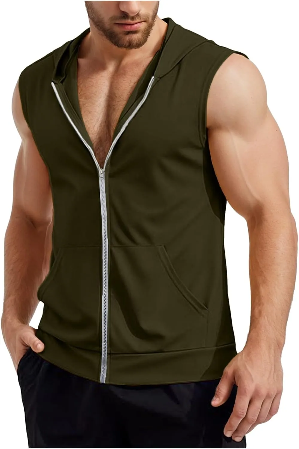 Mens Workout Hooded Tank Tops Zip Up Sleeveless Gym Shirts Slim T Shirt Bodybuilding Hoodies